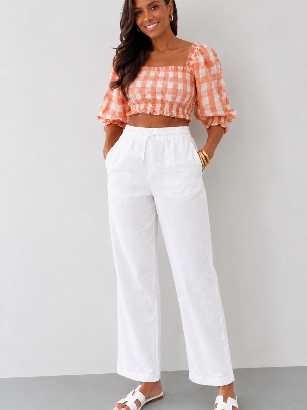 Vici gingham smocked top + J. Crew white linen blend pants outfit